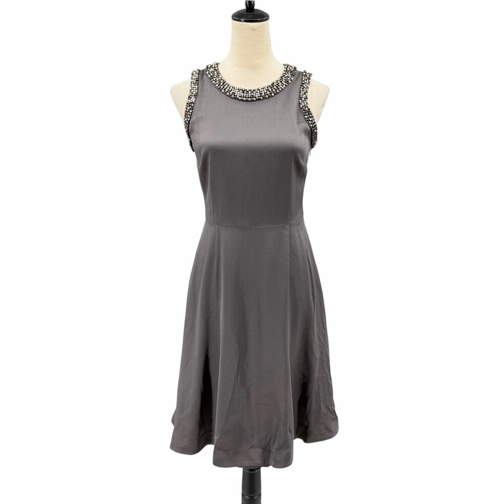 L.K. Bennett Satin Gray Beaded Embellished Sleeveless Fit & Flare Cocktail Dress